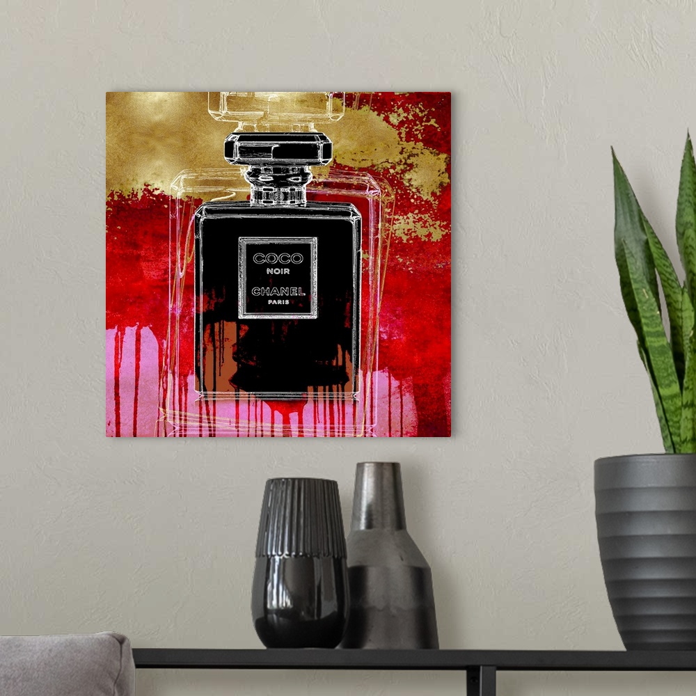 A modern room featuring A black bottle of perfume sits over a distressed paint dripping background.