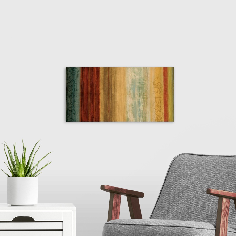 A modern room featuring Large abstract art with vertical lines of color in shades of red, yellow, cream, beige, green, an...