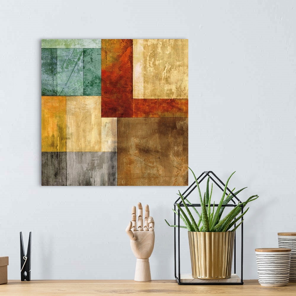 A bohemian room featuring Square abstract made up of geometric rectangles and squares in gray, silver, brown, gold, cream, ...