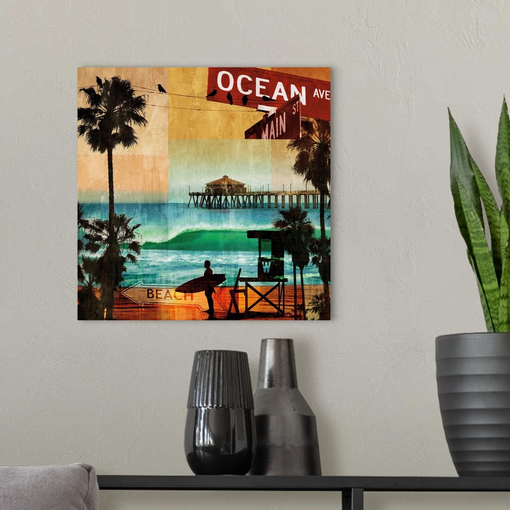 A modern room featuring Square beach themed decor with shades of blue, red, green, orange, and tan.