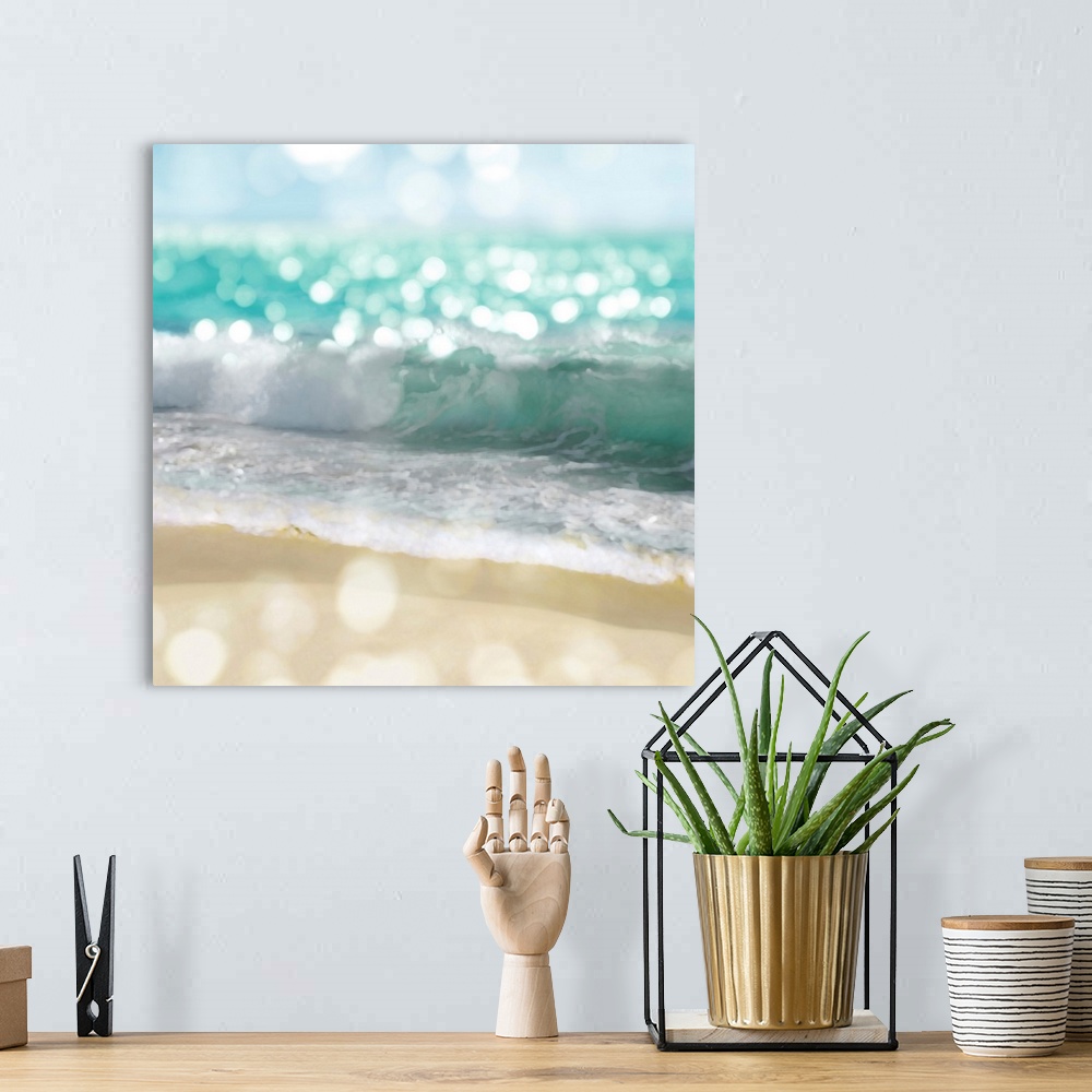 A bohemian room featuring Square photograph of beach waves and the shore with a bokeh effect.