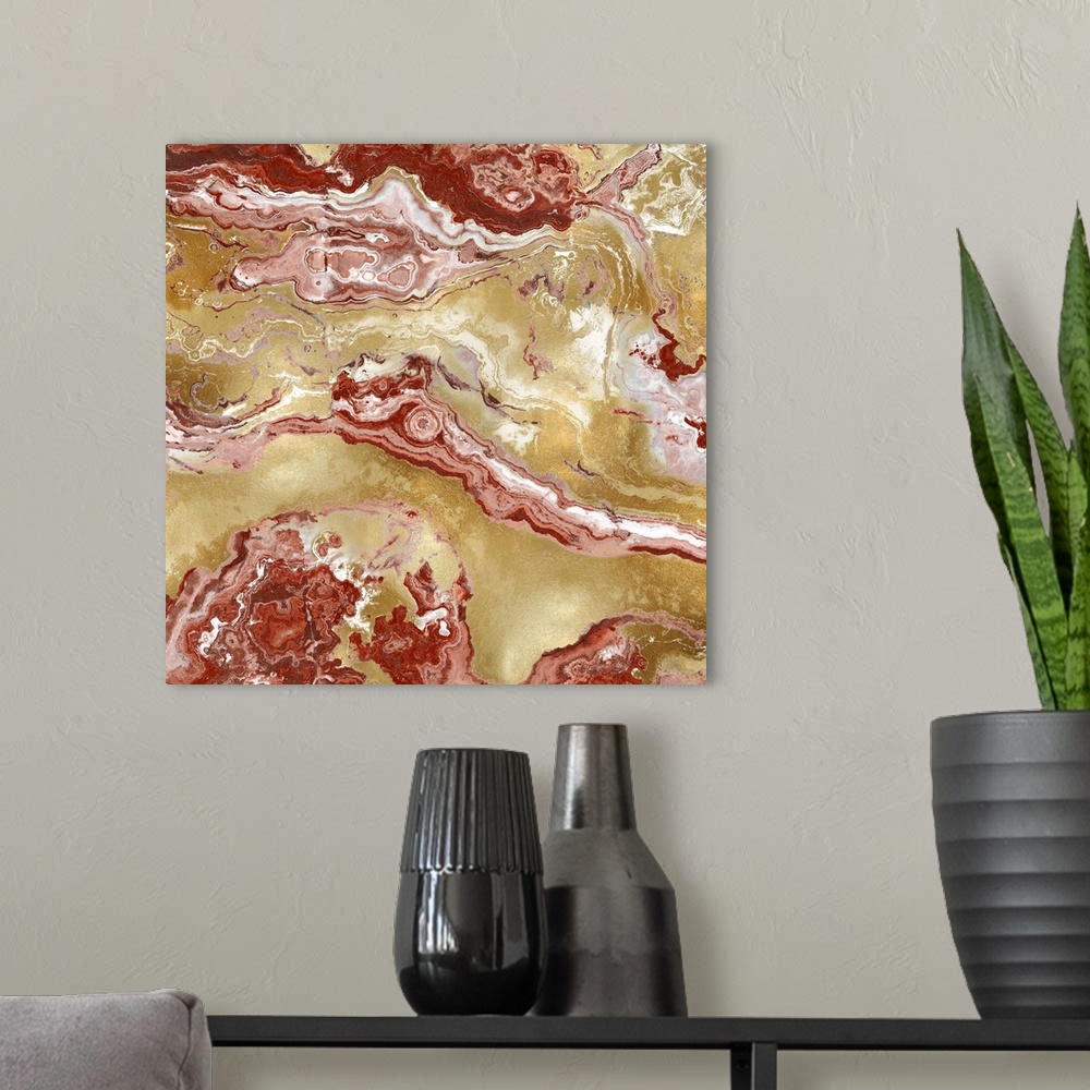 A modern room featuring Square abstract decor with a red, white, coral, and gold onyx design.