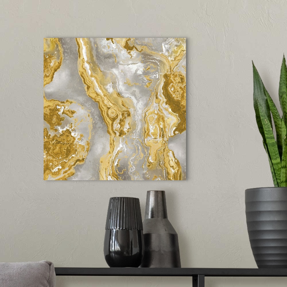 A modern room featuring Square abstract decor with a gold, silver, and white onyx design.