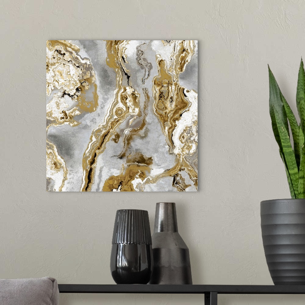 A modern room featuring Square abstract decor with a gold, silver, white, and black onyx design.