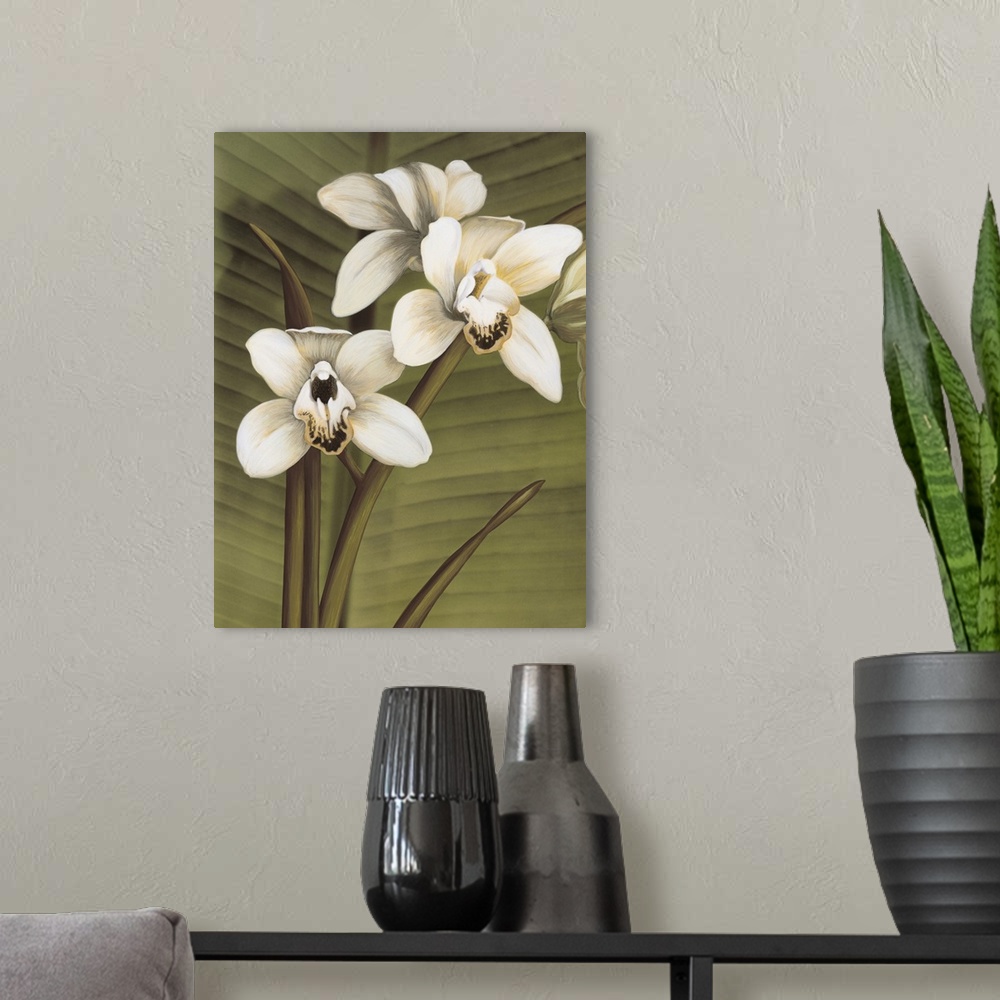 A modern room featuring Contemporary painting of three white orchids with a palm leaf background.