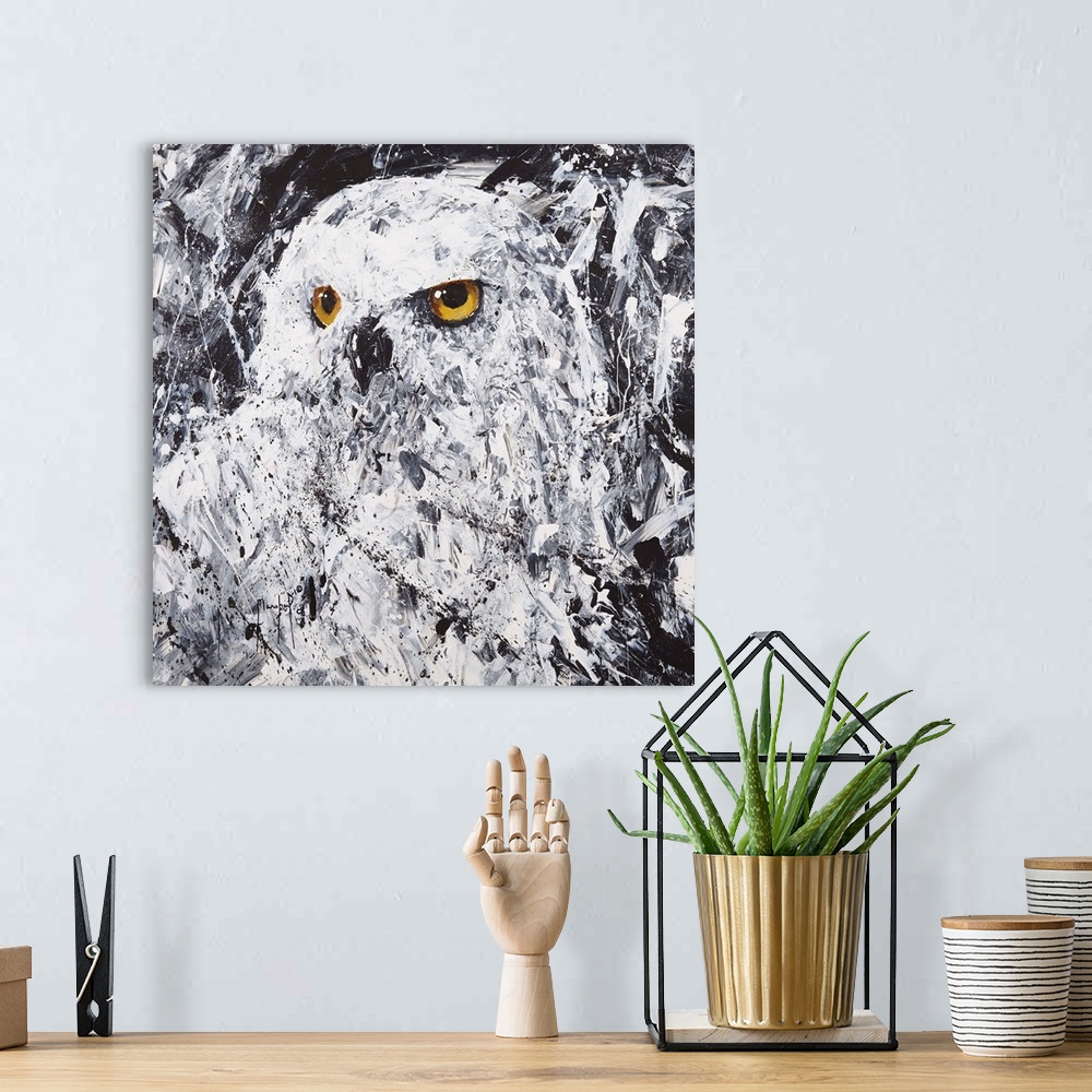 A bohemian room featuring Square painting of an owl in black and white with gold eyes and abstract style brushstrokes.