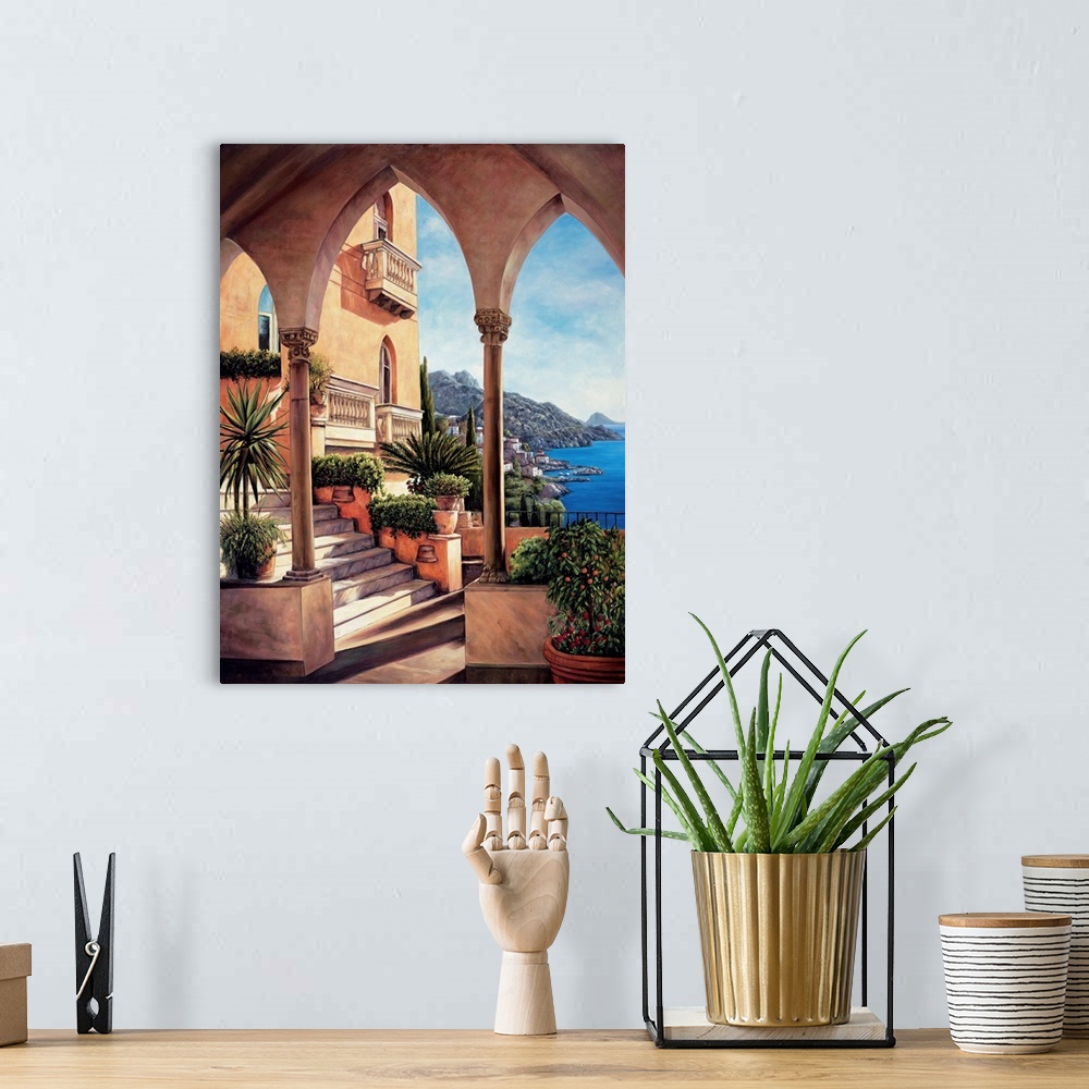 A bohemian room featuring Contemporary painting of an arched opening and a staircase attached to a building on the coast in...