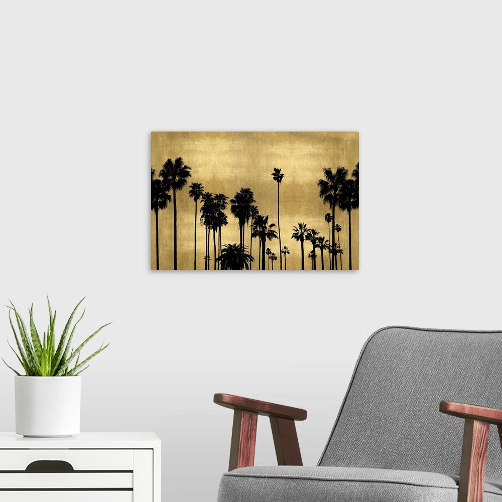 A modern room featuring Decorative artwork featuring a black silhouette of palm trees over a distressed background.