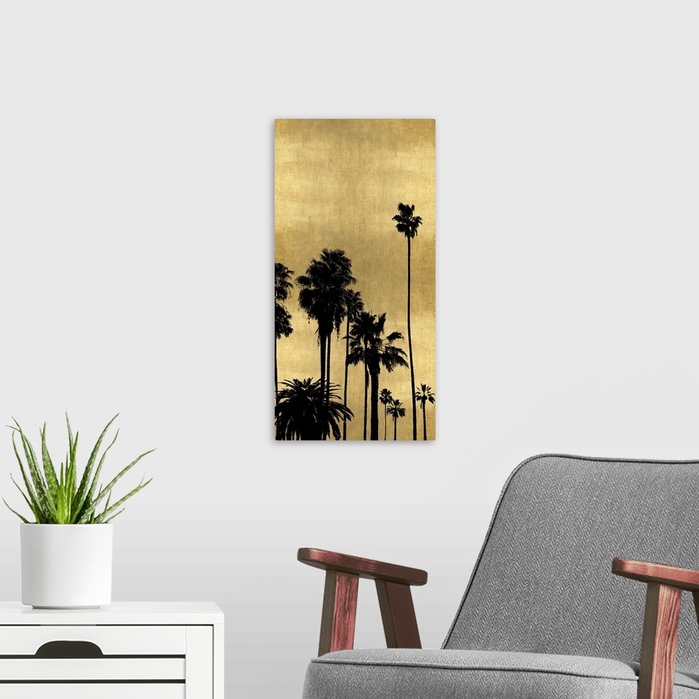 A modern room featuring Decorative artwork featuring a black silhouette of a palm tree over a distressed background.
