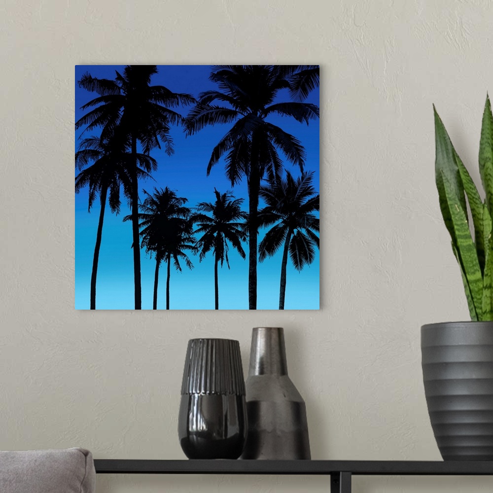 A modern room featuring Palms Black on Blue I