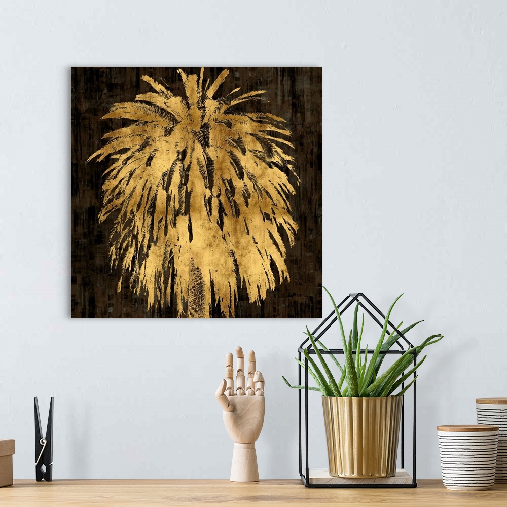 A bohemian room featuring Gold palm tree on a black and brown textured background.