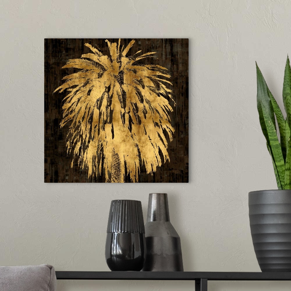 A modern room featuring Gold palm tree on a black and brown textured background.