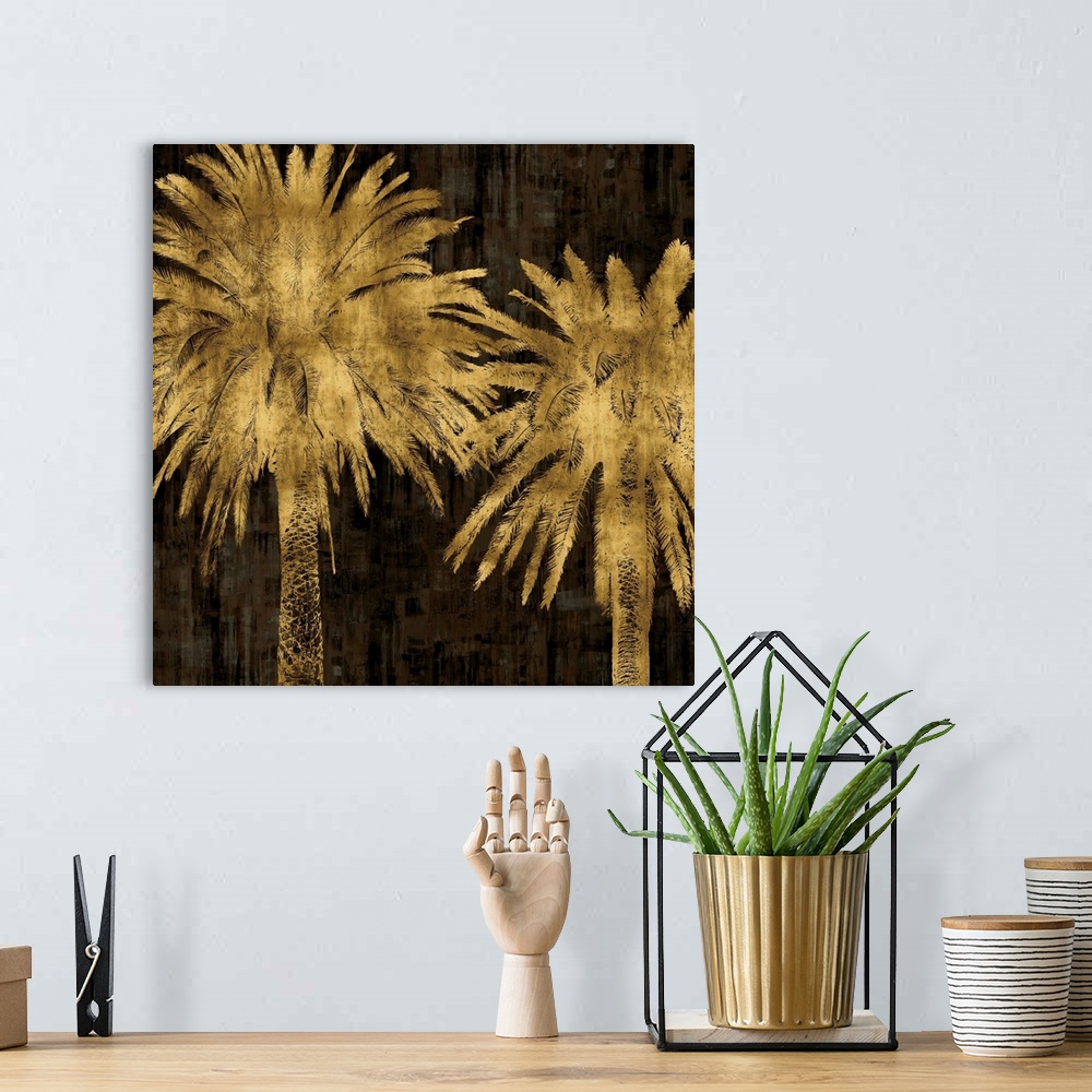A bohemian room featuring Two gold palm trees on a black and brown textured background.