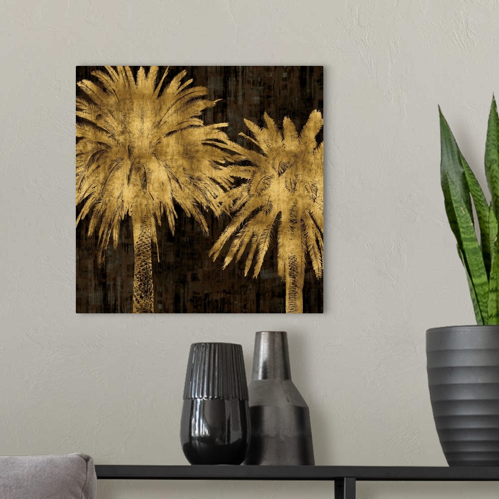 A modern room featuring Two gold palm trees on a black and brown textured background.
