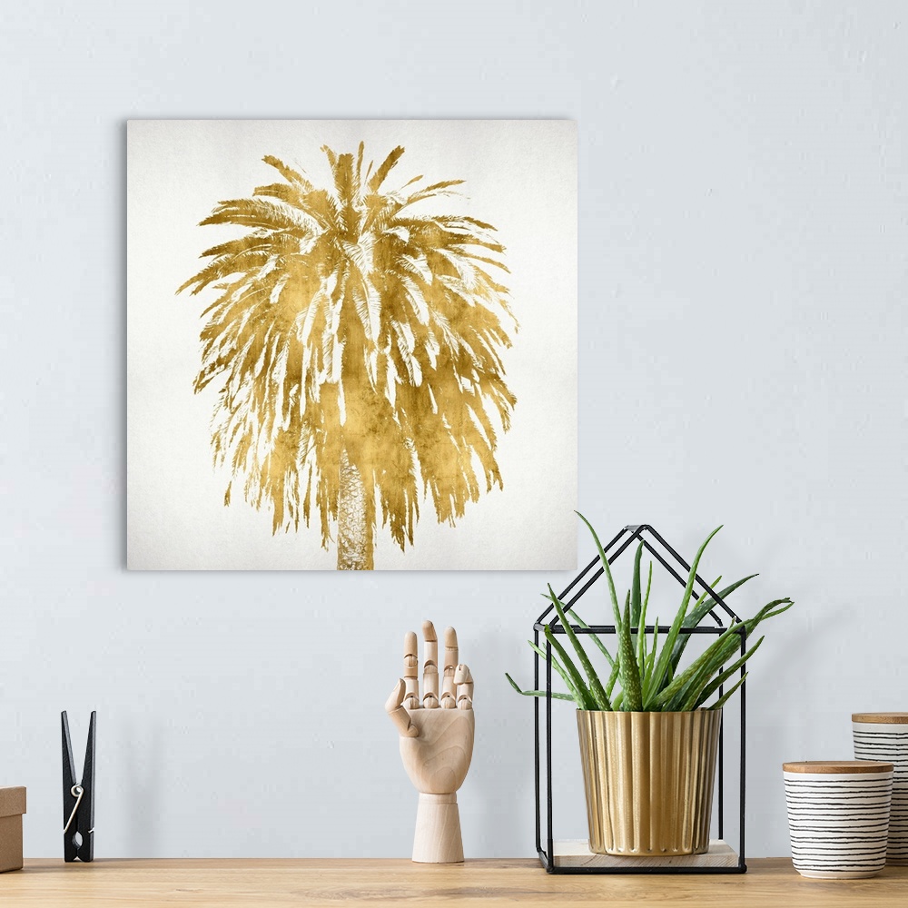 A bohemian room featuring Gold palm tree on a white background.