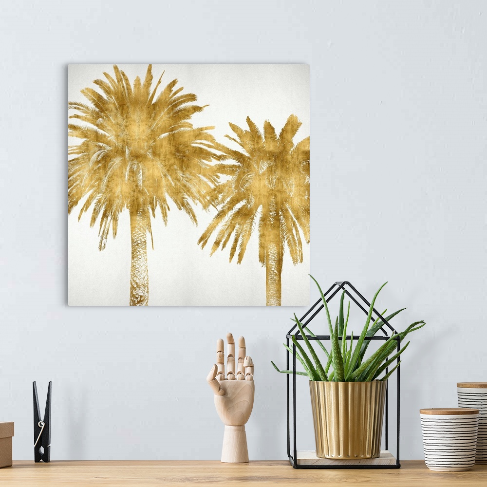 A bohemian room featuring Two gold palm trees on a white background.