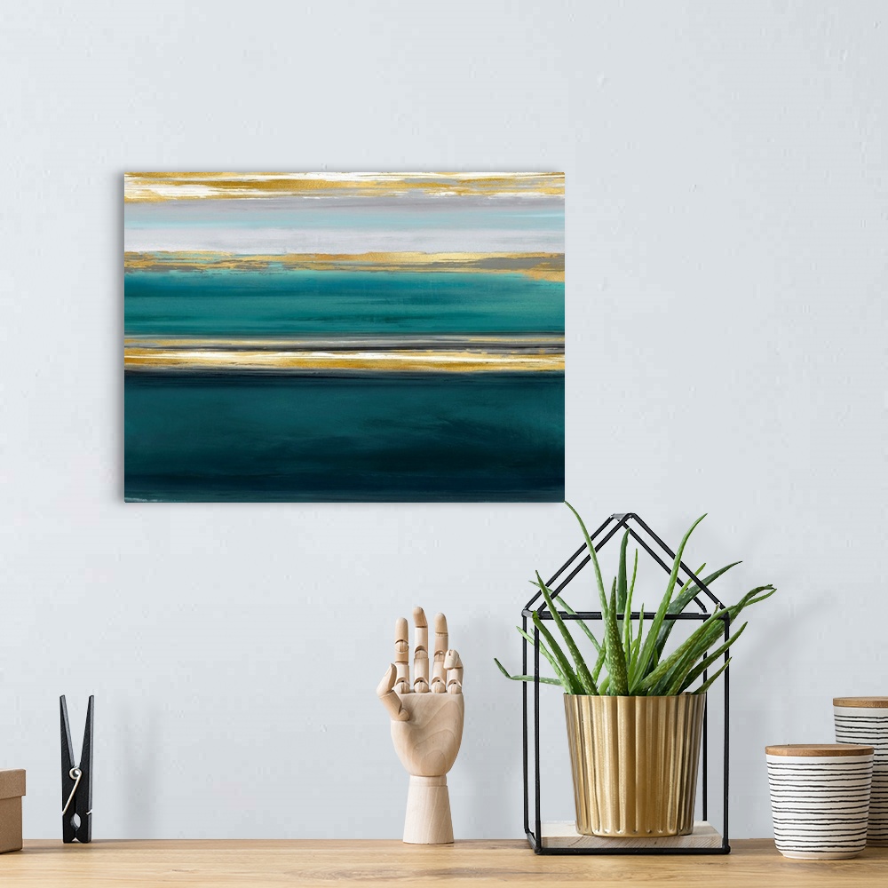 A bohemian room featuring Contemporary artwork featuring three gold brush strokes on a teal gradated background.