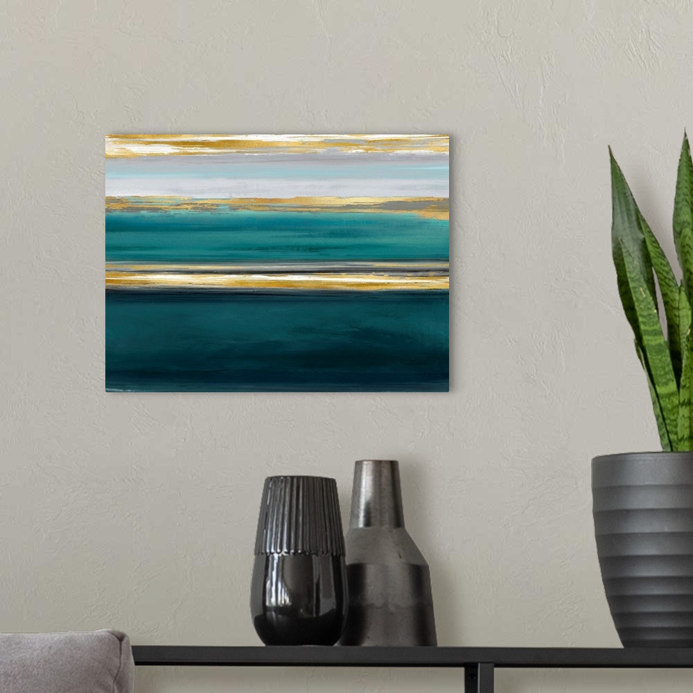 A modern room featuring Contemporary artwork featuring three gold brush strokes on a teal gradated background.