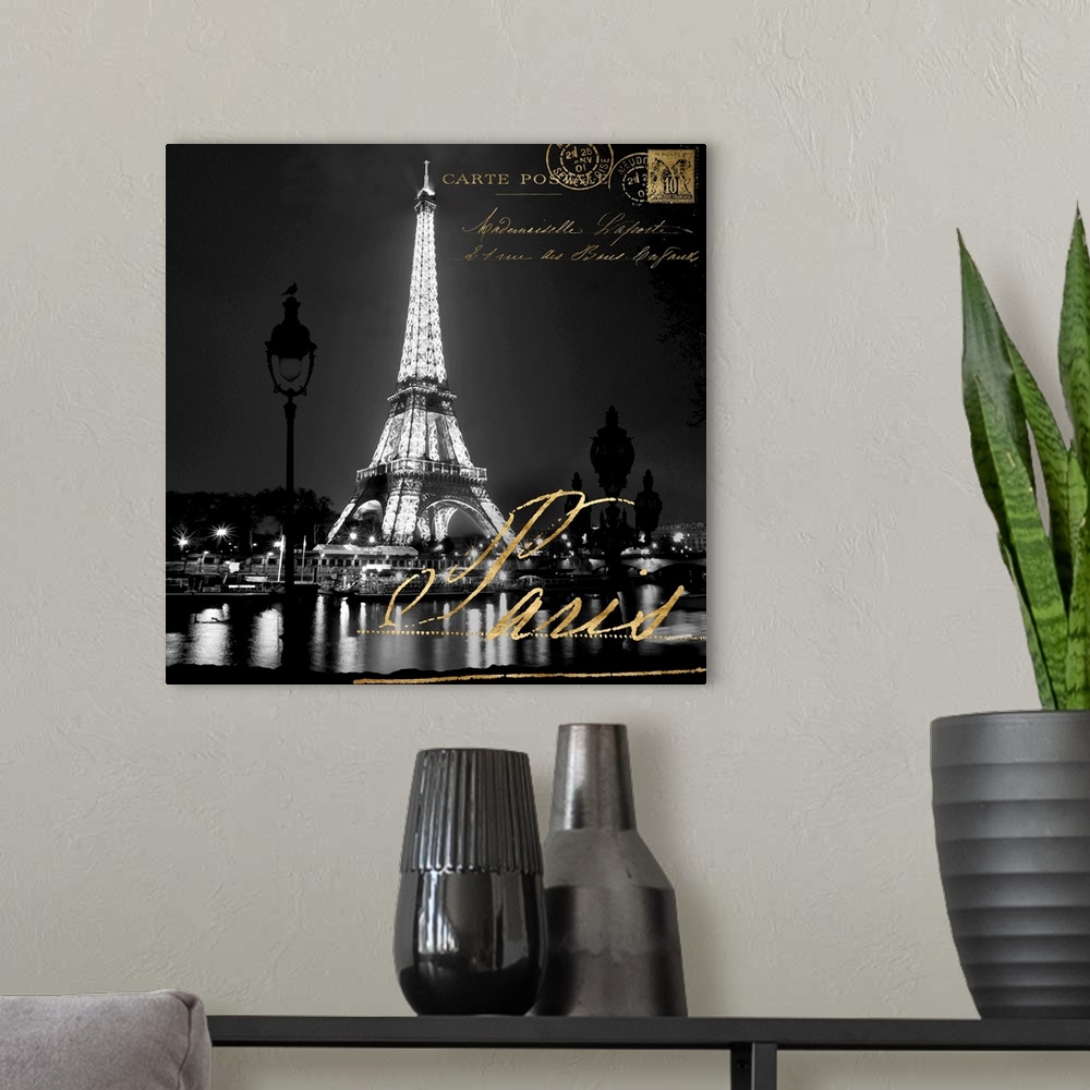 A modern room featuring Square decor of a black and white Eiifel Tower with the Seine river in the foreground and metalli...