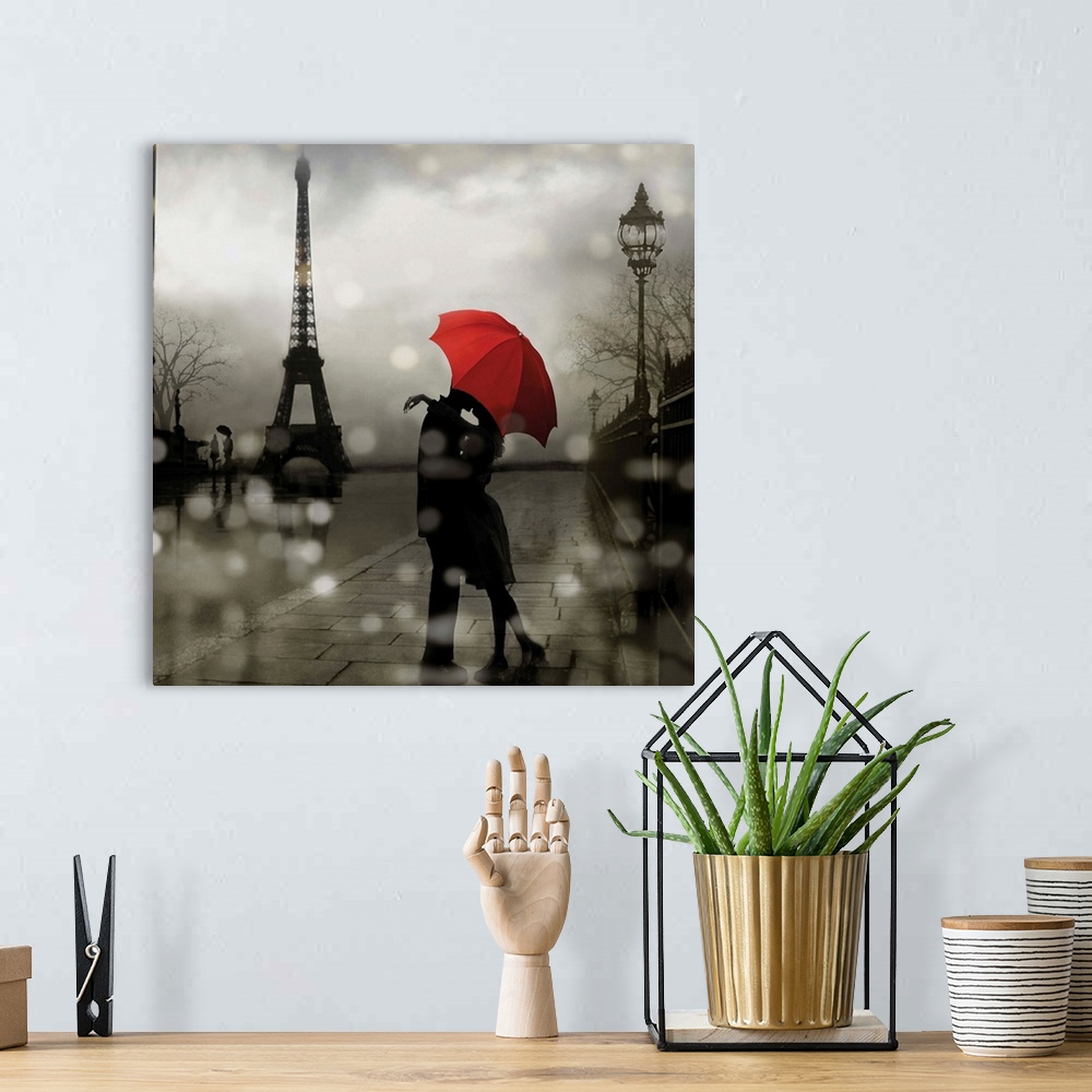 A bohemian room featuring Square illustration of a couple kissing under a red umbrella with the Eiffel Tower in the backgro...