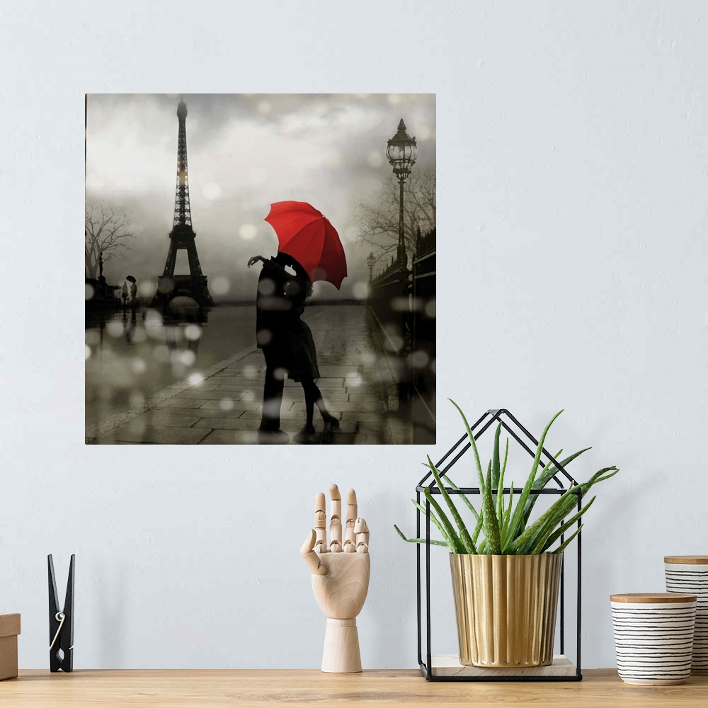 A bohemian room featuring Square illustration of a couple kissing under a red umbrella with the Eiffel Tower in the backgro...