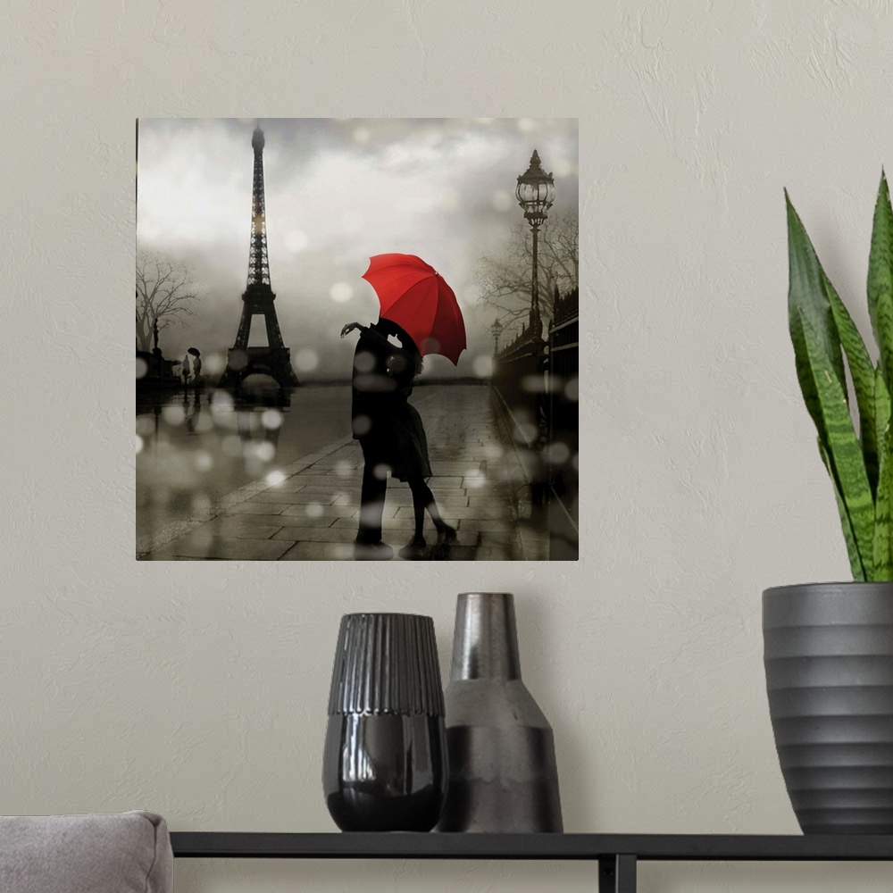 A modern room featuring Square illustration of a couple kissing under a red umbrella with the Eiffel Tower in the backgro...