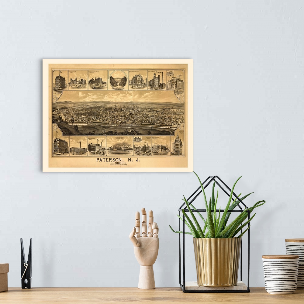 A bohemian room featuring Vintage illustrated map of Paterson, New Jersey from 1880.