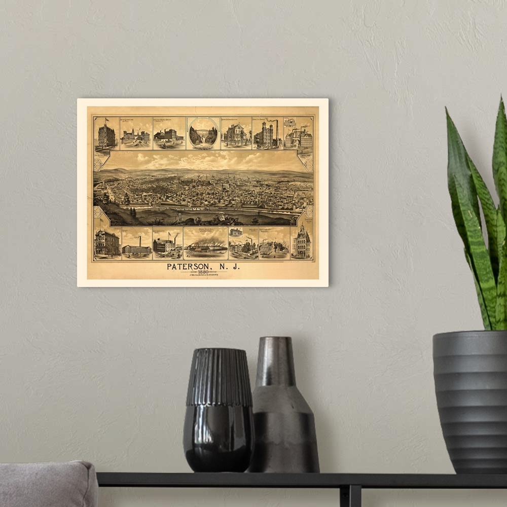A modern room featuring Vintage illustrated map of Paterson, New Jersey from 1880.