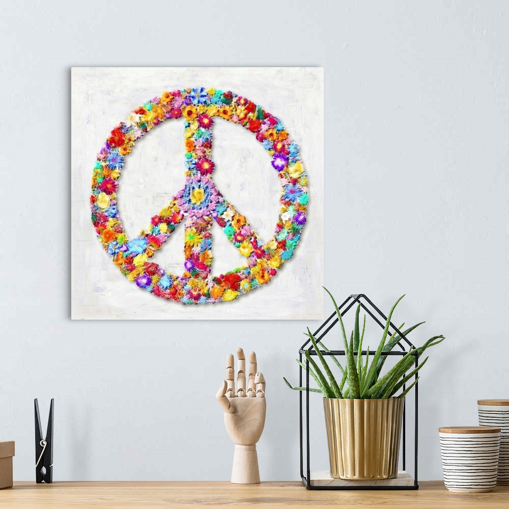 A bohemian room featuring The peace sign is shaped by an assortment of colorful flowers.