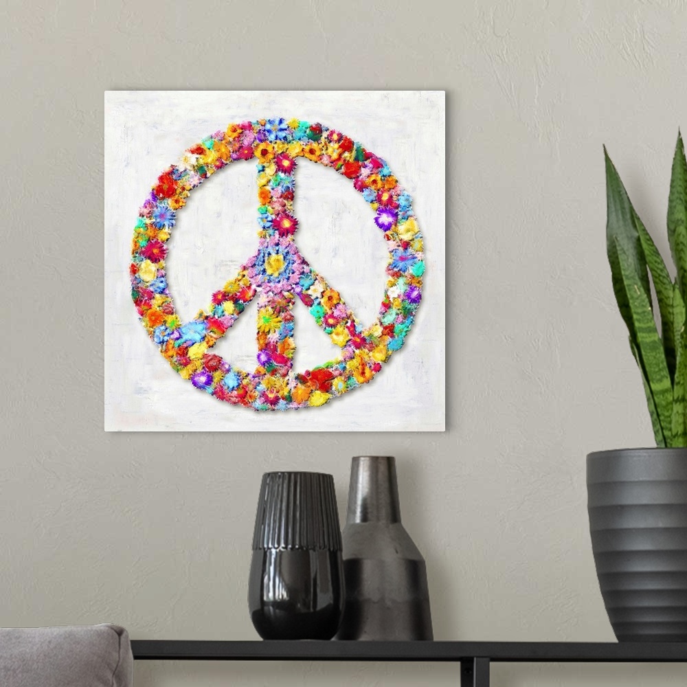 A modern room featuring The peace sign is shaped by an assortment of colorful flowers.