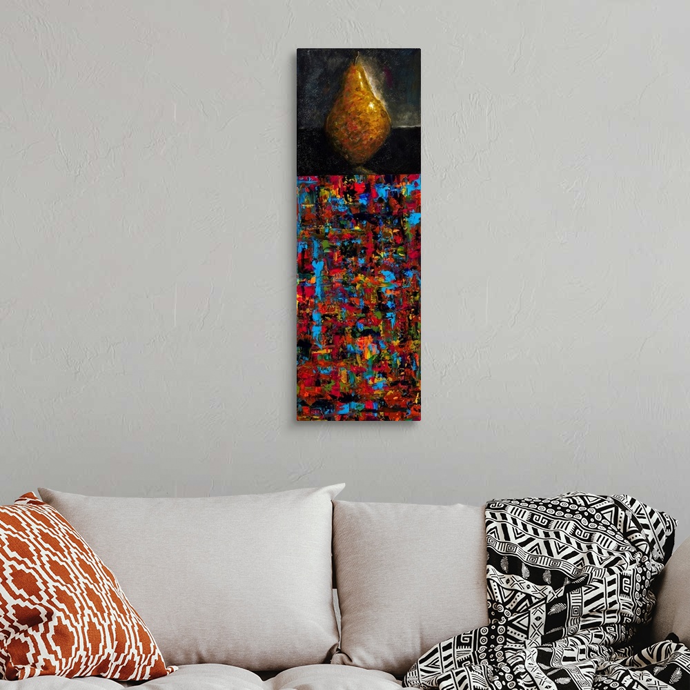 A bohemian room featuring Still life panel painting of a pear on a dark background with a vibrant, abstract bottom half.