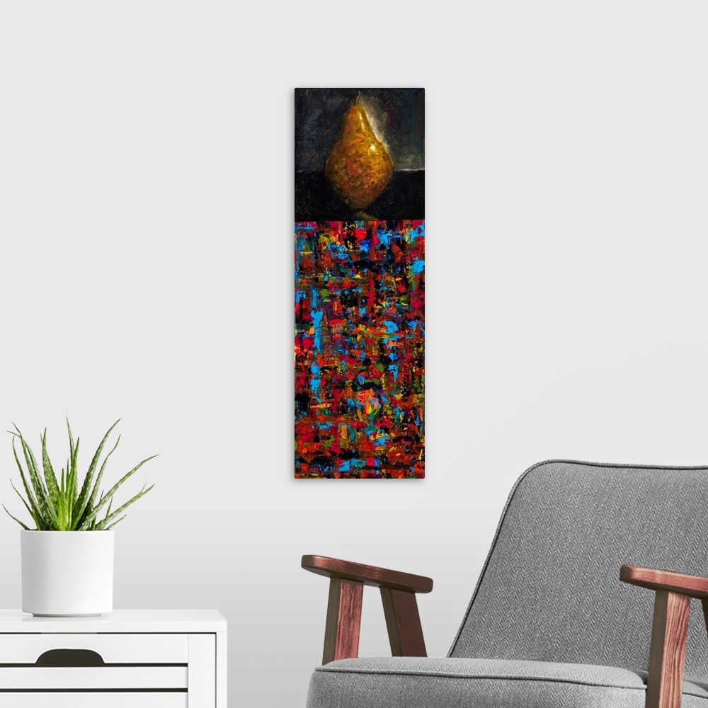 A modern room featuring Still life panel painting of a pear on a dark background with a vibrant, abstract bottom half.