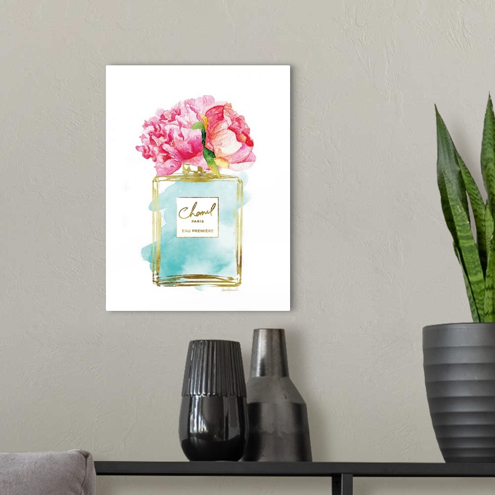 A modern room featuring A bottle of perfume filled with watercolor droplets and flowers as the topper.