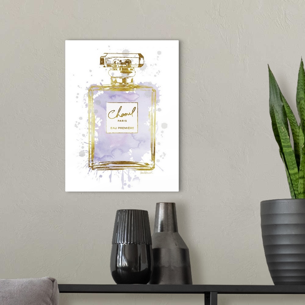 A modern room featuring A bottle of perfume filled with watercolor droplets.