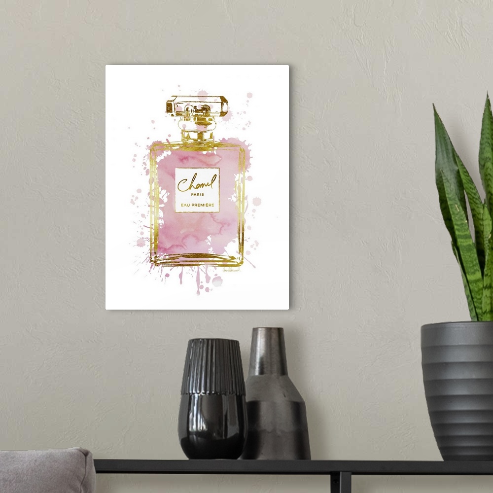 A modern room featuring A bottle of perfume filled with watercolor droplets.