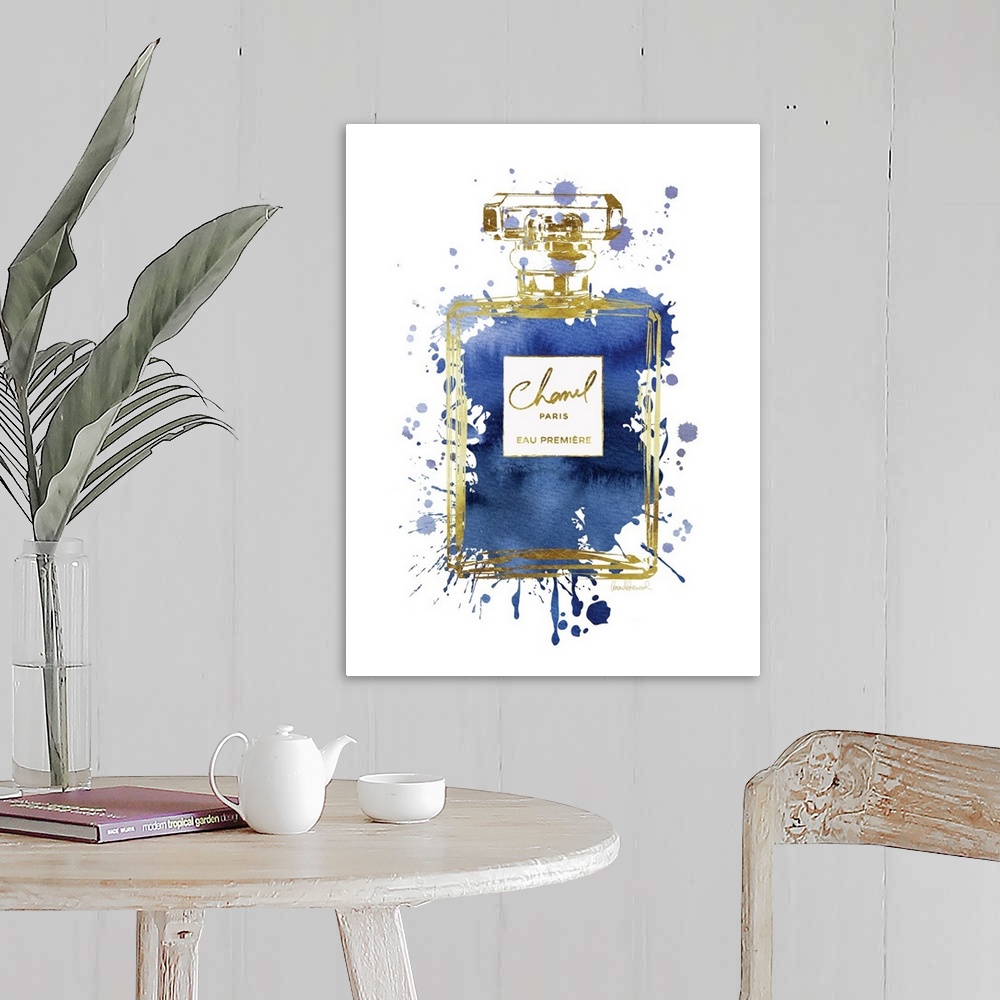 A farmhouse room featuring A bottle of perfume filled with watercolor droplets.