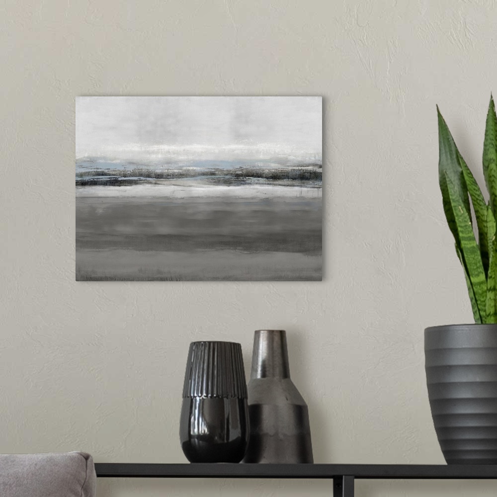 A modern room featuring Layered abstract painting made in shades of gray, white, and light blue.