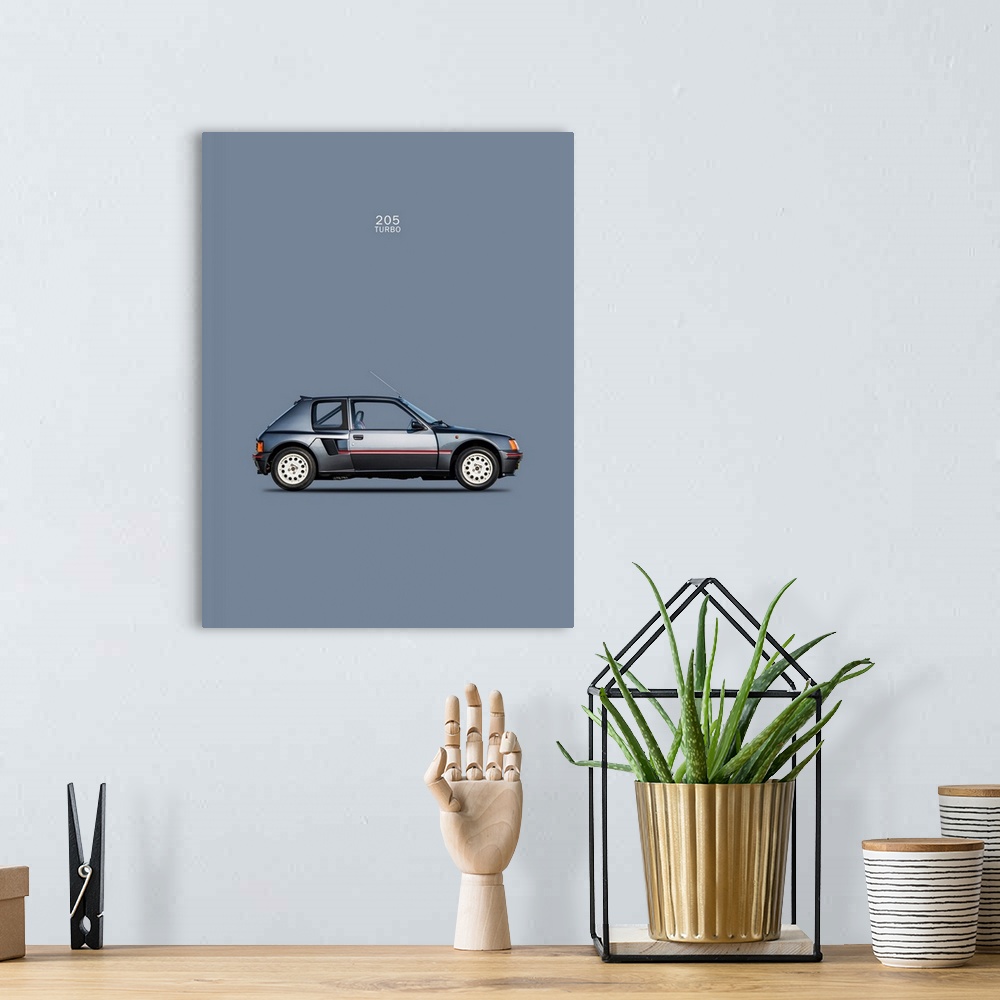 A bohemian room featuring Photograph of a slate blue-gray Peugeot 205 Turbo 1984 printed on a slate blue background