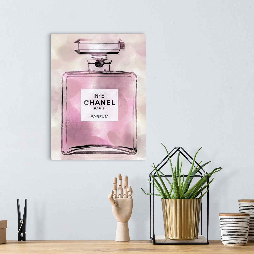 A bohemian room featuring A crackling texture runs throughout this decorative artwork of a perfume bottle.