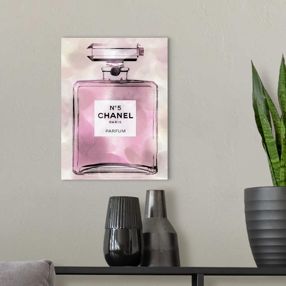 A modern room featuring A crackling texture runs throughout this decorative artwork of a perfume bottle.