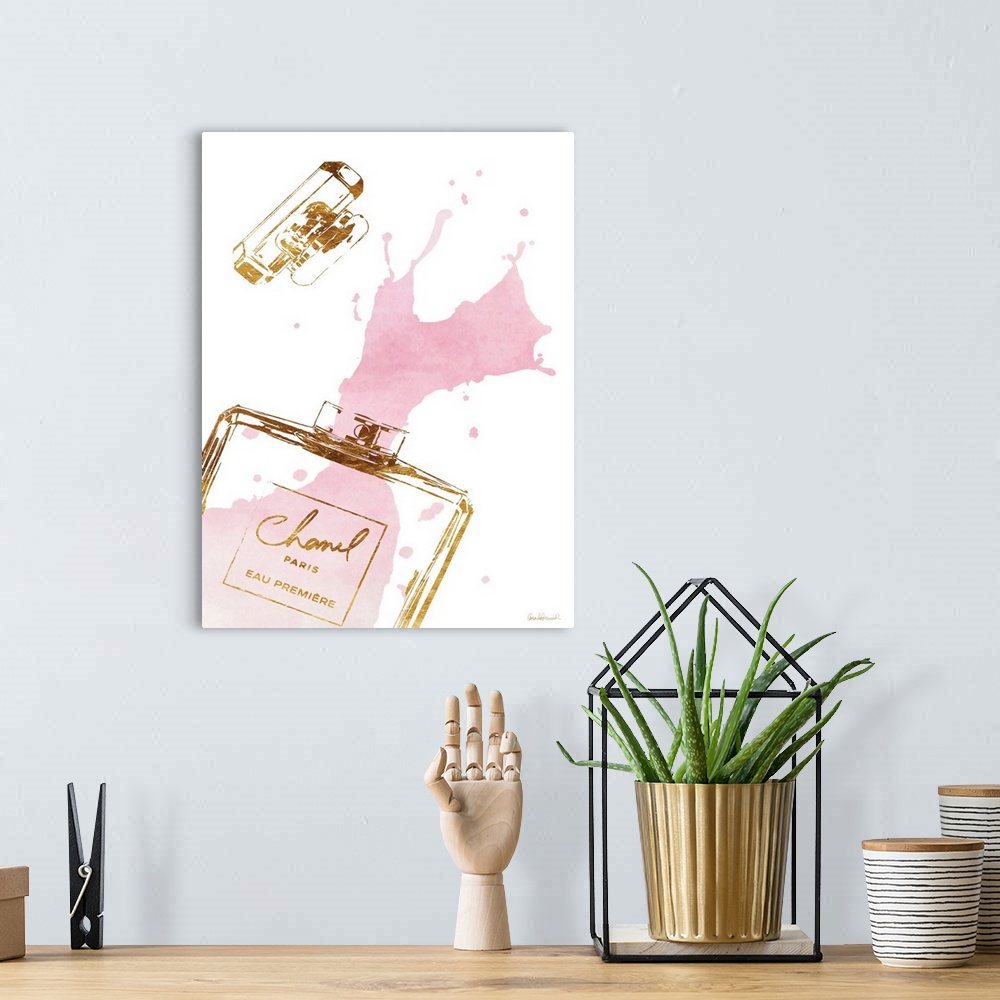 A bohemian room featuring A bottle of perfume spills out onto a white background.