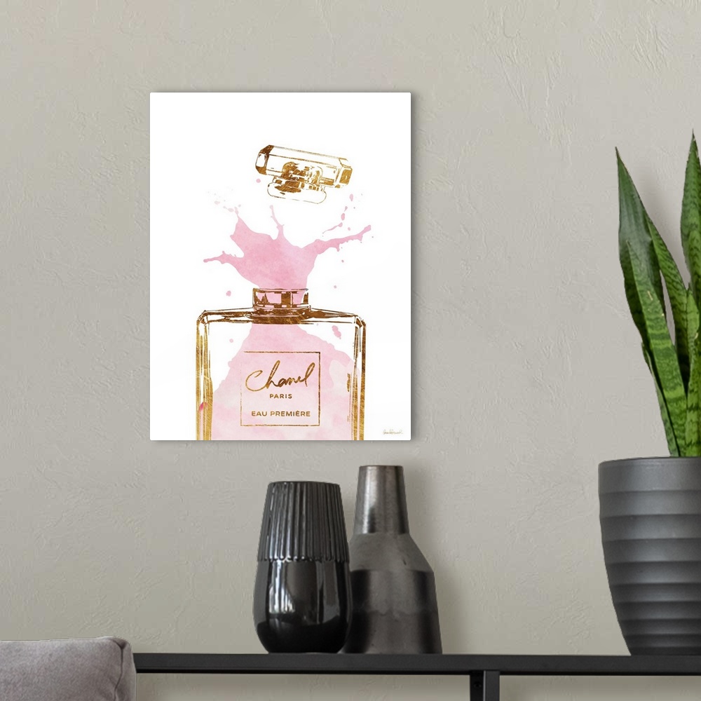 A modern room featuring A bottle of perfume spills out onto a white background.