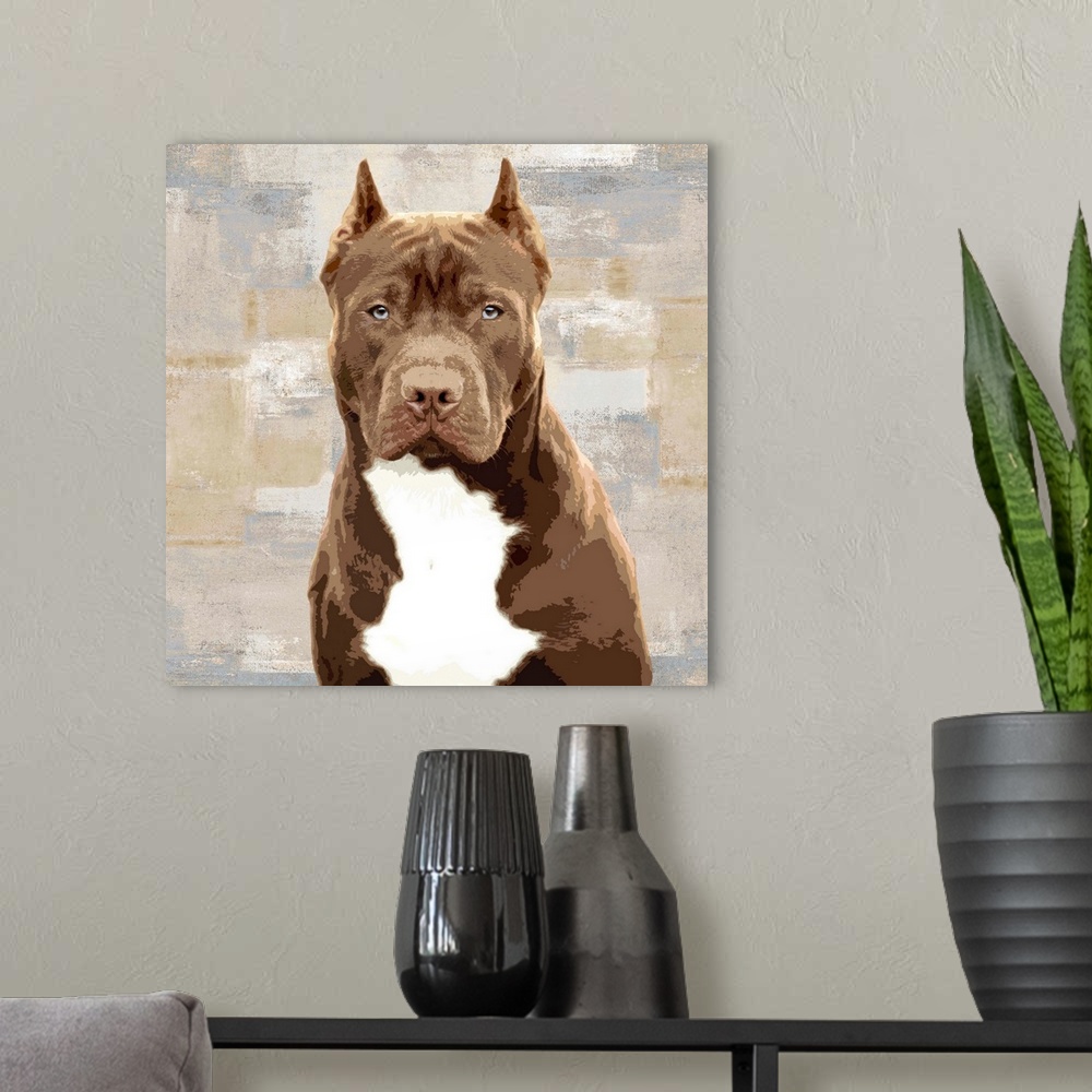 A modern room featuring Square decor with a portrait of a Pitbull on a layered gray, blue, and tan background.
