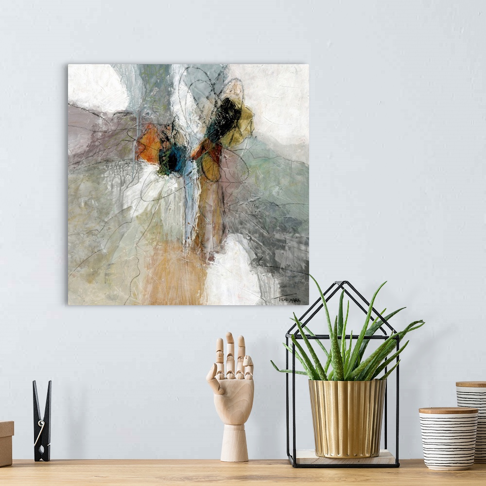 A bohemian room featuring Textured square abstract painting with muted pastel colors in sections around the canvas and thin...