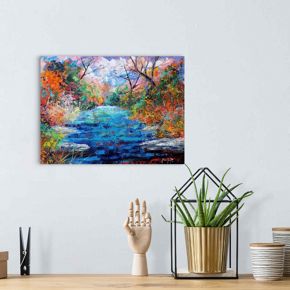A bohemian room featuring Abstract landscape painting of a pond surrounded by colorful trees and sky, created with small, l...