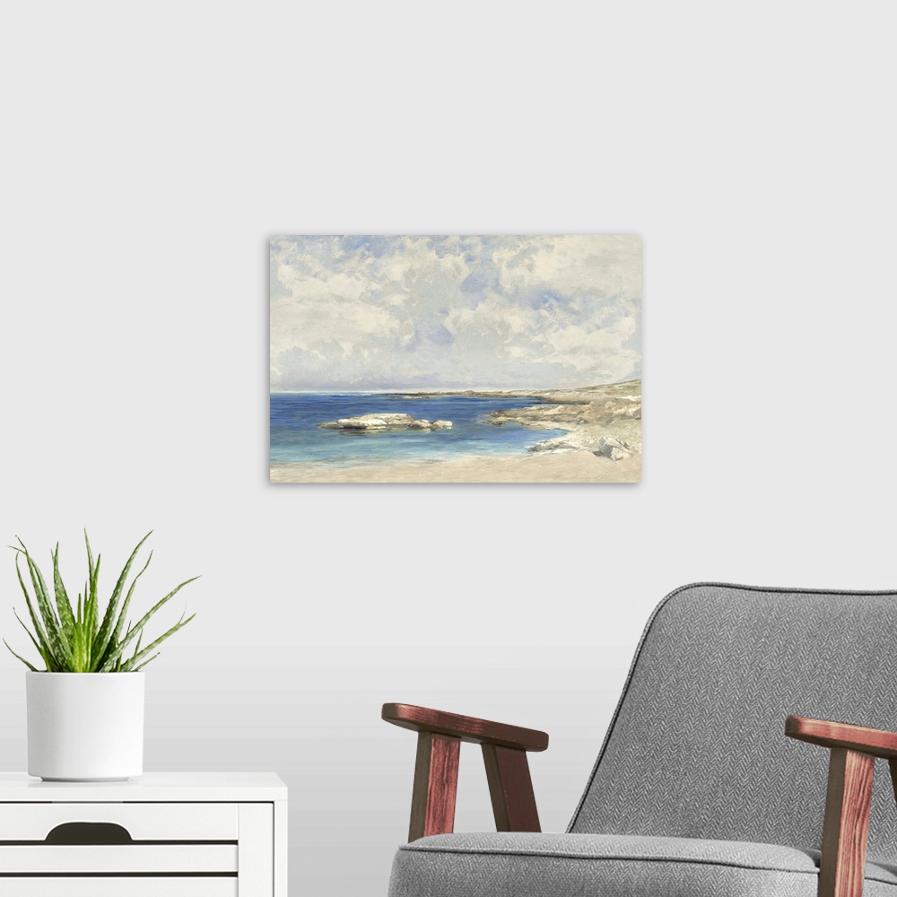 A modern room featuring Deep blue waters and fluffy clouds convey a sense of stillness to this contemporary artwork.