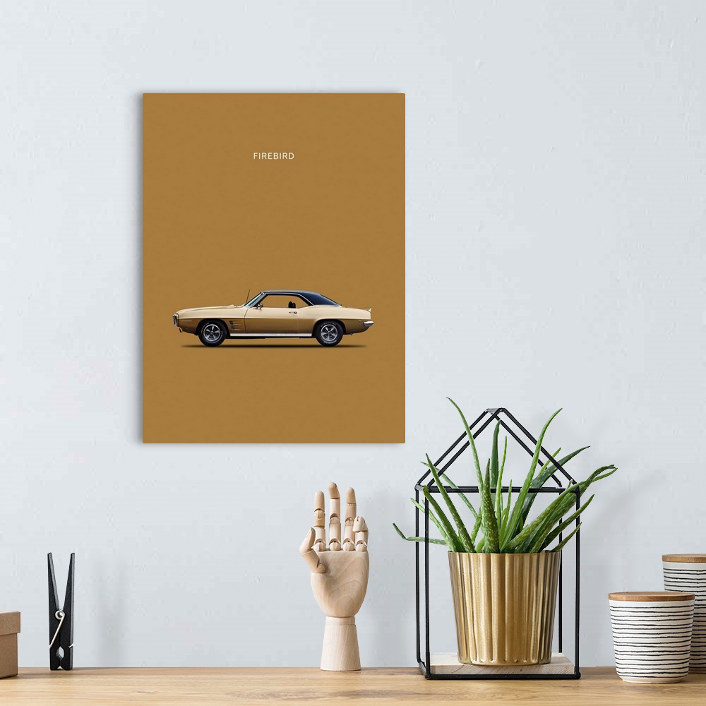 A bohemian room featuring Photograph of a gold Pontiac Firebird 1969 printed on a gold background