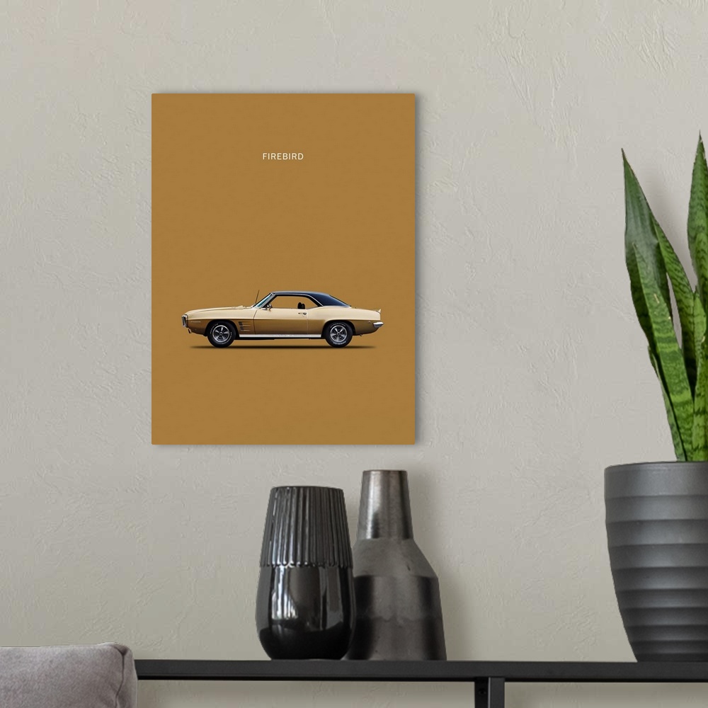 A modern room featuring Photograph of a gold Pontiac Firebird 1969 printed on a gold background