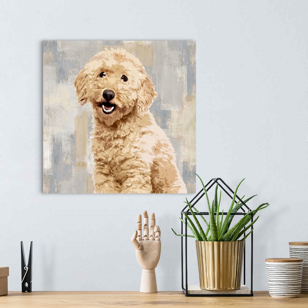 A bohemian room featuring Square decor with a portrait of a Poodle on a layered gray, blue, and tan background.