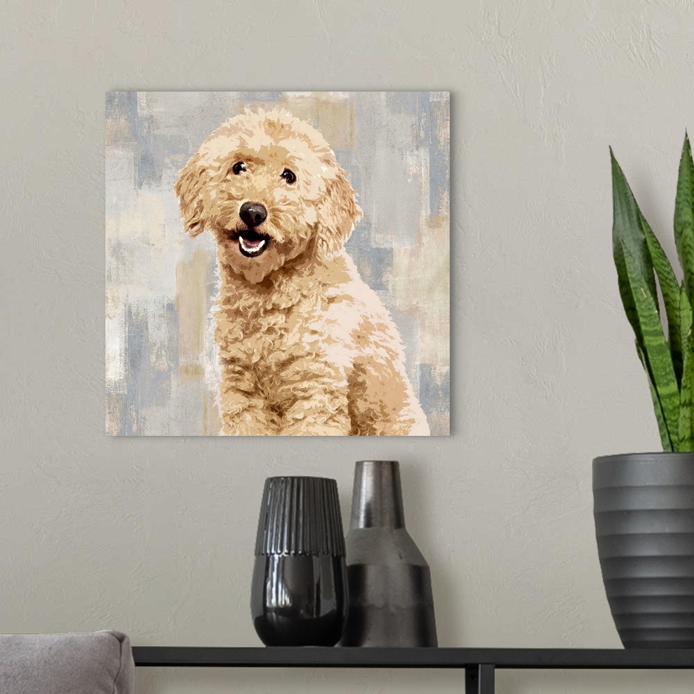 A modern room featuring Square decor with a portrait of a Poodle on a layered gray, blue, and tan background.